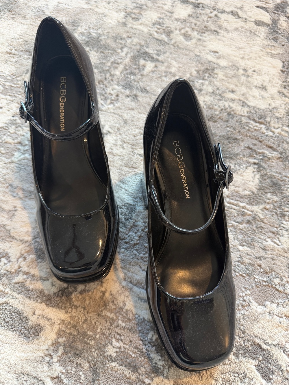BCBGeneration Black Patent Mary Jane Block Heels with Strap